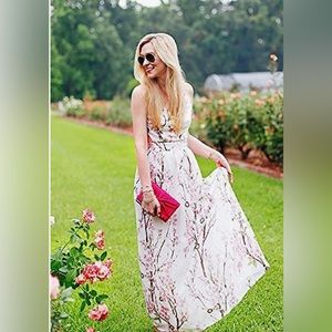 Floral Backless Chiffon Maxi Beach Dress | M | Pink/White
